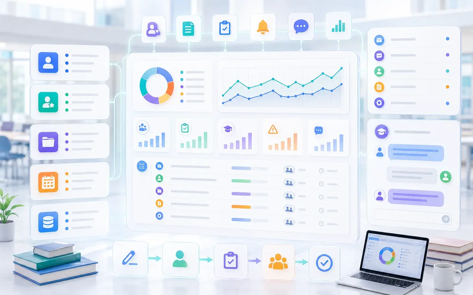 Education operations platform connecting institutional services, requests and dashboards