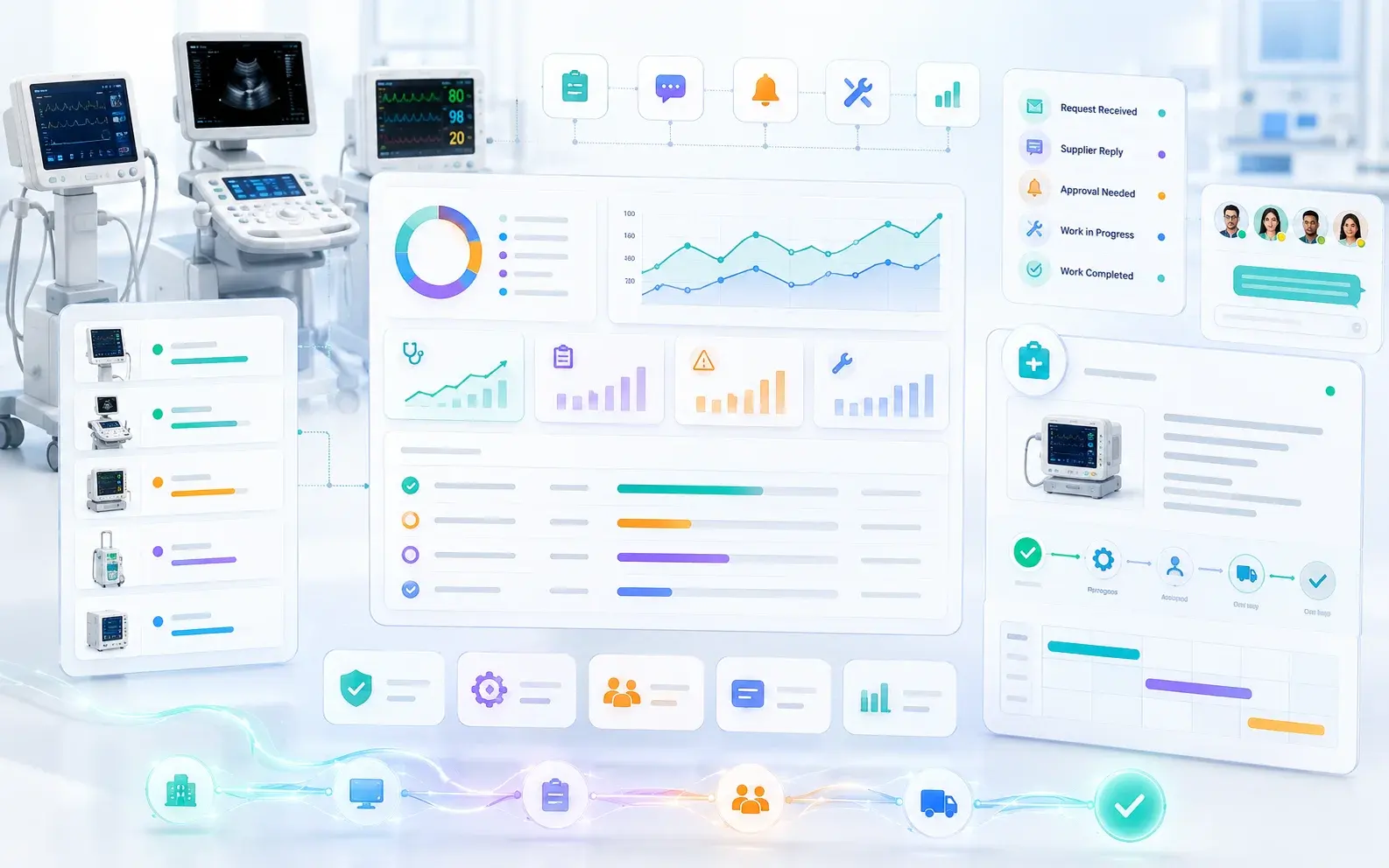 Healthcare operations platform for biomedical equipment, service workflows and visibility